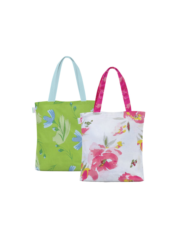 Home Ecstasy 100% Cotton Floral Tote Bag Set Of 2